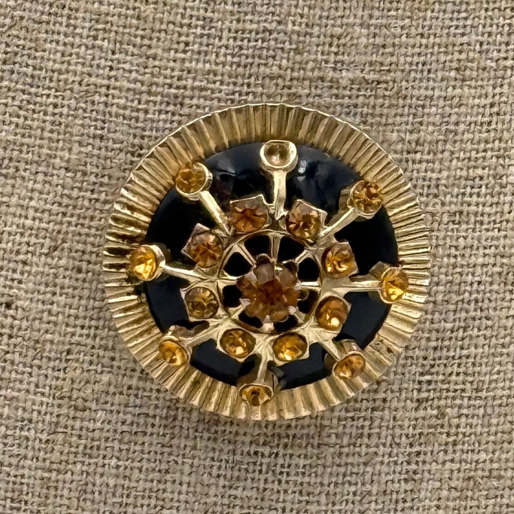 Vintage Gerrys Gold Tone Amber Rhinestone Sunburst Round Brooch Pin